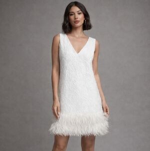BCBGMAXAZRIA Jacquard Textured Feather-Trim V-Neck Mini Dress. White. Size 2